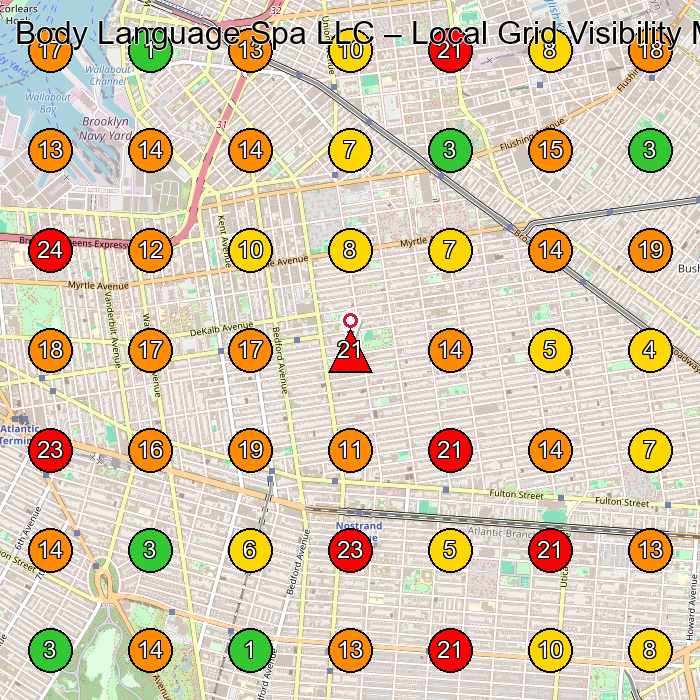 Body Language Spa LLC Training Centre GeoGrid ranking map for Brooklyn NY